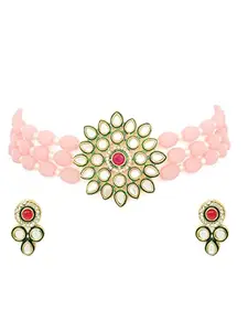 Yellow Chimes Kundan Jewellery Set for Women Pink Beads Necklace Set Gold Plated Traditional Choker Necklace Set for Women and Girls.