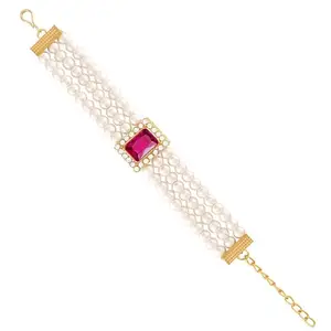 Peora Gold Plated Pearl Studded Cube Crystal In Middle Stylish Bracelet Jewellery for Girls & Women (Rani Pink)