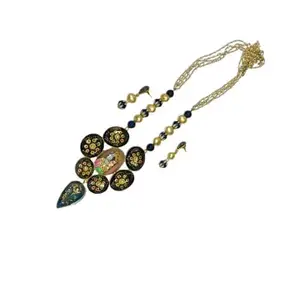 navrabeads Divine Radha Krishna Tanjore Pendant Necklace with Onyx & Classic Pearl Chain, Traditional Ethnic Jewelry for Women, Spiritual Gift Necklace