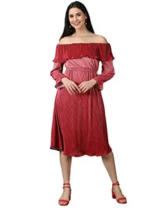 SHOWOFF Women's Off-Shoulder Solid Fit and Flare Red Dress-HQ-002_Red_S