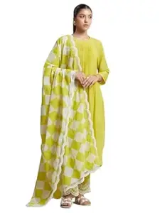 V.K.CRAFT Women's Cotton Printed Line Flared Straight Kurti with Palazzo and Dupatta (Parrot Green)