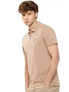 ROUGHSTER TRYKAR Men’s Solid Polo T-Shirt | Classic Collared Neck Half Sleeve Cotton T-Shirt with Button Placket | Soft Comfortable Regular Fit Casual Wear Polo for Men (Beige/Tan)