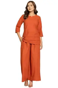EthnoGlam's Cotton Saffron Kurta Pant Set: Plain/Solid Print, Flared Top Ending, Relaxed Fit || Set for Women and Teenage Girls (K52-54-M1)