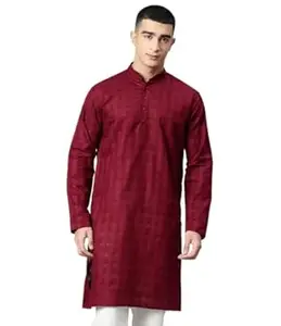 Majestic Man Men's Pure Cotton Textured Check Mandarin Collar Long Kurta