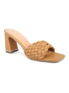 Inc.5 Women Tan Textured Open Toe Block Heels