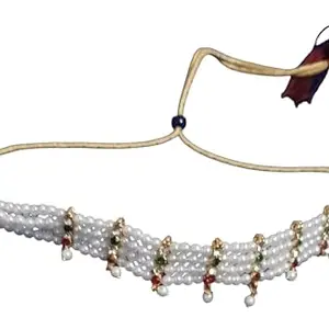 Pearl Choker Necklace with Gold Accents, Multi-Strand Design, White Beads with Green and Red Embellishments