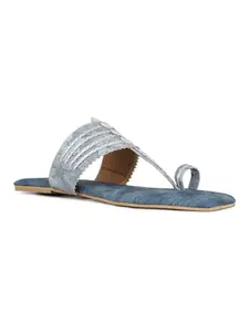 Inc.5 Womens Navy Square Toe Party Wear Kolhapuri Flat Slip-on Sandals