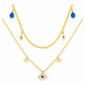 Boho Dainty Evil Eye Charm Necklace Set - Gold Layered Chain with Sparkle & Blue Stone Pendants for Women