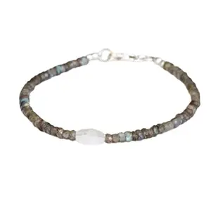 LKBEADS Labradorite & Rainbow Moonstone bracelet with Silver clasp - 3mm rondelle & barrel beads- Faceted Cut -7 Inch Adjustable Bracelet– Healing, Fashion, Gift, Spiritual, Yoga|LK_STACK_07997