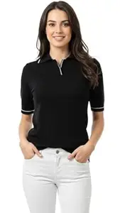 LASOON Women's Regular Fit Polo T-Shirt | Premium Viscose Collared Neck Top with Contrast Tipping | Half Sleeve Smart Casual Office T-Shirt for Women & Girls
