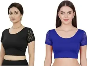 TRUNESS Round Neck Cotton Lycra Stretchable Half Net Sleeve Readymade Saree Blouse for Women and Girls, Size (26 to 44)