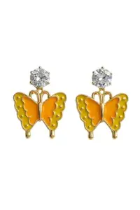 Crystal Butterfly Drop Earrings, Golden colour, Yellow and Orange Enamel
