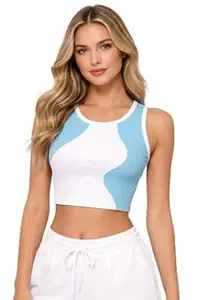 LAHAZAT Women’s Ribbed Crop Tank Top Sleeveless Color Block Design Slim Fit Stretch Summer Casual Y2K Trendy Cute Wear for Women 100% Cotton