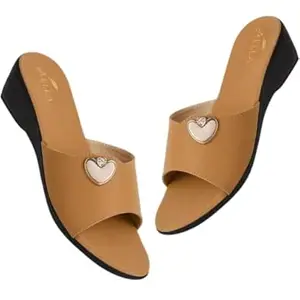 Aella Women's Open Toe Wedge Sandals with Heart Embellishment | Stylish Slip-On Fashion Slides for Casual Outings, Parties and Special Occasions | Comfortable Synthetic