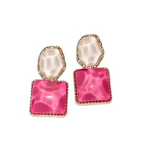 Elegant Drop Earrings with Pearl White Oval and Pink Square Design, Gold-Toned Frame