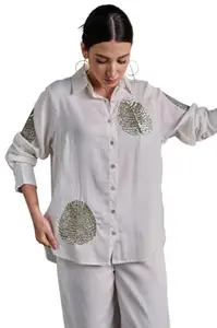 Women's Cotton Tunic & Straight Office Wear Collar-Neck Full Sleeves Suit Trouser and Top Set for Women Western Cord Set (White-XL)