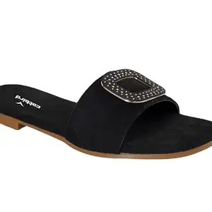 CatBird Women's Black Suede Flats with a Square Buckle Flats Sandals 4 UK