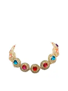 Multicolor Crystal Statement Necklace, Gold-Toned Metal, Circular Design with Pink, Blue and Red Gemstones