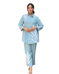 Women's Cotton Embroidery Co-Ord Set | Casual Wear Pant Top Set | Fancy Co-Ord Set (Sky Blue, S)