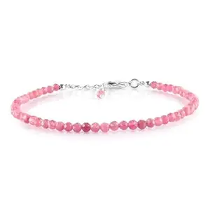 RRJEWELZ Natural Pink Tourmaline 3mm Round Shape Faceted Cut Gemstone Beads 7 Inch Adjustable Silver Plated Clasp Bracelet For Men, Women. Natural Gemstone Stacking Bracelet. | Lcbr_05129