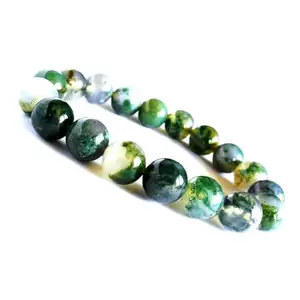 RRJEWELZ Unisex Bracelet 10mm Natural Gemstone Green Moss Agate Round shape Smooth cut beads 7 inch stretchable bracelet for men & women. | STBR_03907