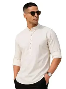 Majestic Man Men's Pure Cotton Solid Mandarin Collar Slim Fit Roll-Up Sleeves Short Kurta Lightweight Summer Kurta for Daily & Occasion Use