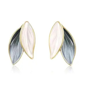 Korean Leaf Design Stud Earrings, Gold-Plated, Grey and White Enamel Earring For Womens And Girls.