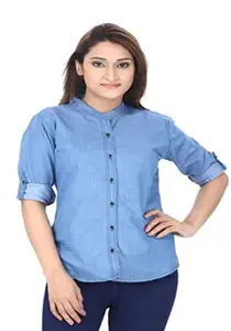 Wingzss Women's Regular Fit Spread Collar Denim Shirt-Light China Shirts (Small)