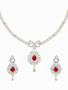 Yellow Chimes American Diamond Necklace Set For Women | Red and White Stone Gold plated Jewellery Set For Women | Diamond Necklace Set | Birthday Gift for Girls Anniversary Gift for Wife
