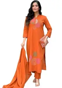 SOREN CRAFT Women's Cotton Embroidery Straight Kurti Pant With Dupatta Set