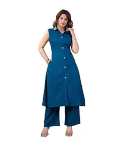 ALJUS Cotton Kurti Set | Sleeveless Kurti | Front Open Straight Long Kurti with Plazo | Stylish Ethnic Kurti Set