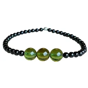 RRJEWELZ Unisex Bracelet 4-10mm Natural Gemstone Moldavite Quartz & Black Tourmaline Round shape Smooth cut beads 7 inch stretchable bracelet for men & women. | STBR_05712