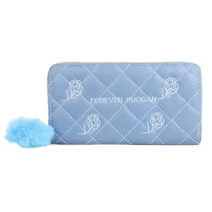 Quilted Wallet with Rose Embroidery, Light Blue, Pom Pom Charm, Long Zip Around