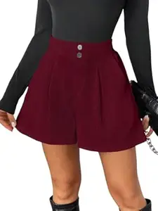 GRECIILOOKS Women's High Waist Tailored Shorts | Ribbed Poly Lycra Blend Summer Shorts with Pockets & Button Closure | Elegant Folded Hem Casual Wear for College, Brunch & Daily Outings