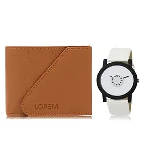 LOREM Combo of White Wrist Watch & Tan Color Artificial Leather Wallet (Fz-Wl01-Lr26)