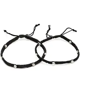 sanjog Silver Beaded Charms Black Thread Handmade Adjustable Anklet (Payal) forWomen/Men/Unisex - Pack of 2