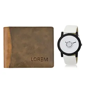 LOREM Combo of White Wrist Watch & Beige Color Artificial Leather Wallet (Fz-Wl26-Lr26)
