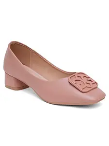 Shuz Touch Women Girls Latest Fashion Casual Squared Toe Block Heel Pumps Shoe - Pink
