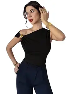 TIVANTE Solid Asymmetric Neck Crop Top for Women with Buckle Detail | Sleeveless top for Women | Korean top