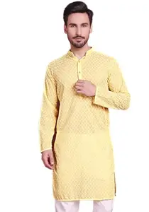 Jompers Chikankari Pure Cotton Kurtas for Men (Yellow, S)