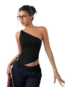KATECLO Women’s One Shoulder Asymmetrical Top – Sleeveless Slim Fit Ruched Black Blouse for Casual, Office & Night Out