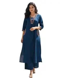 Women's Blue Embroidered Kurti Pant Set with Mandala Design, 3/4 Sleeve Ethnic Wear for Festive Occasions
