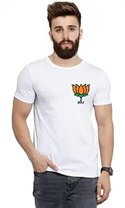 Regular Fit Round Neck White Half Sleeve | Support BJP & Support MODI JI with Lotus Design | Printed Design T-Shirt (Medium)