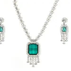 CHARKAA Shimmering Rama Greens Stone Studded With American Diamond Long Design Necklace Set