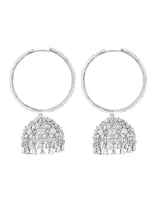 Yellow Chimes Classic AD/American Diamond Studded White Rhodium Plated Hoop Jhumka Earrings for Women and Girls, Medium