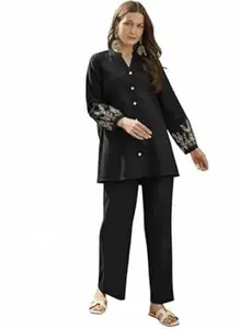 SHIENZY SHEINZY Elegant Embroidered Sleeve Co-Ord Set for Women | Comfortable Silk Blend V-Neck Button-Down Top Matching Pants | Stylish Casual Ethnic Wear