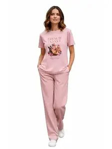 WAKE WILD Co-Ord Set for Women | Cotton Night Suit | Relaxed Fit | Printed T-Shirt & Wide Leg Pant with Pockets | Short Sleeve Round Neck | Stylish Loungewear & Travel/Holiday wear