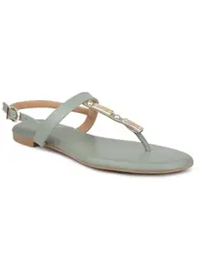 Inc.5 Women Green T-Strap Flats With Backstrap