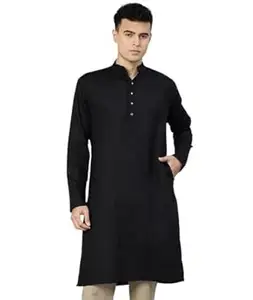 Majestic Man Men's Cotton Blend Textured Solid Mandarin Collar Classic Ethnic Long Kurta
