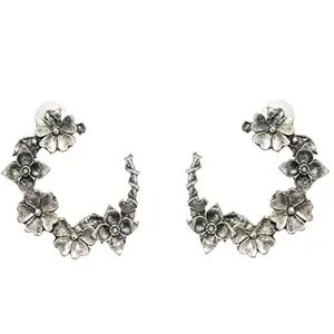 Total Fashion Silver Oxidised Half Flower Hoop Earrings for women and girls